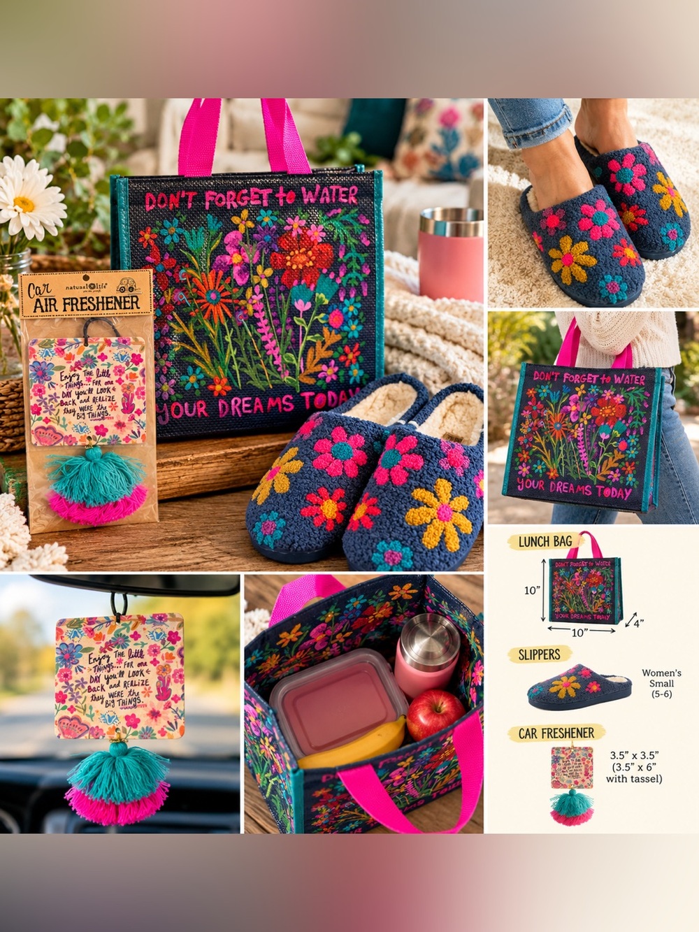 Natural Life 3 Piece Boho Floral Gift Set Slippers Lunch Bag Air Freshener NWT